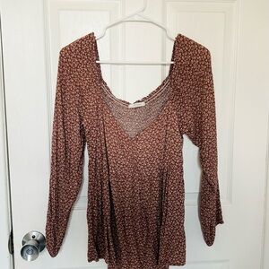 Veveret Babydoll Long Sleeve Floral Brown Top